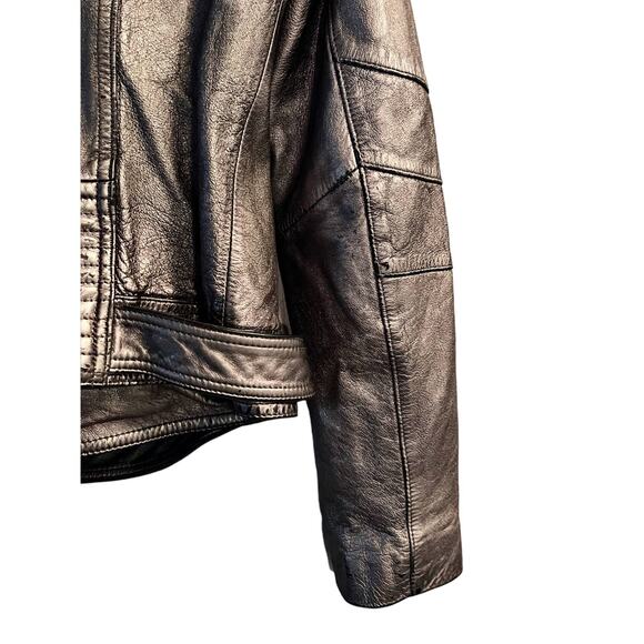 PARKER Moto Metallic Leather Jacket Zipper Collared Pewter Large Fits Small EUC - Picture 12 of 14